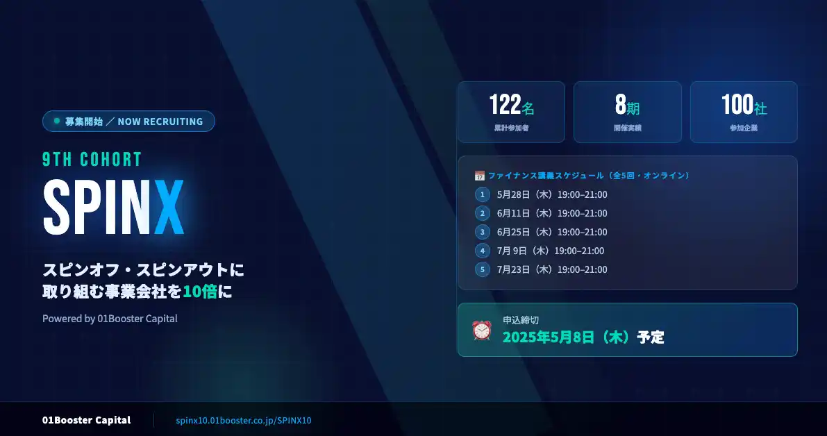 【01Booster Capital】 スピンオフ・スピンアウト支援プログラム「SPINX」第9期募集開始 累計122名・100社が参加する01Booster Capital運営プログラム、ファイナンス講義は5月28日スタート