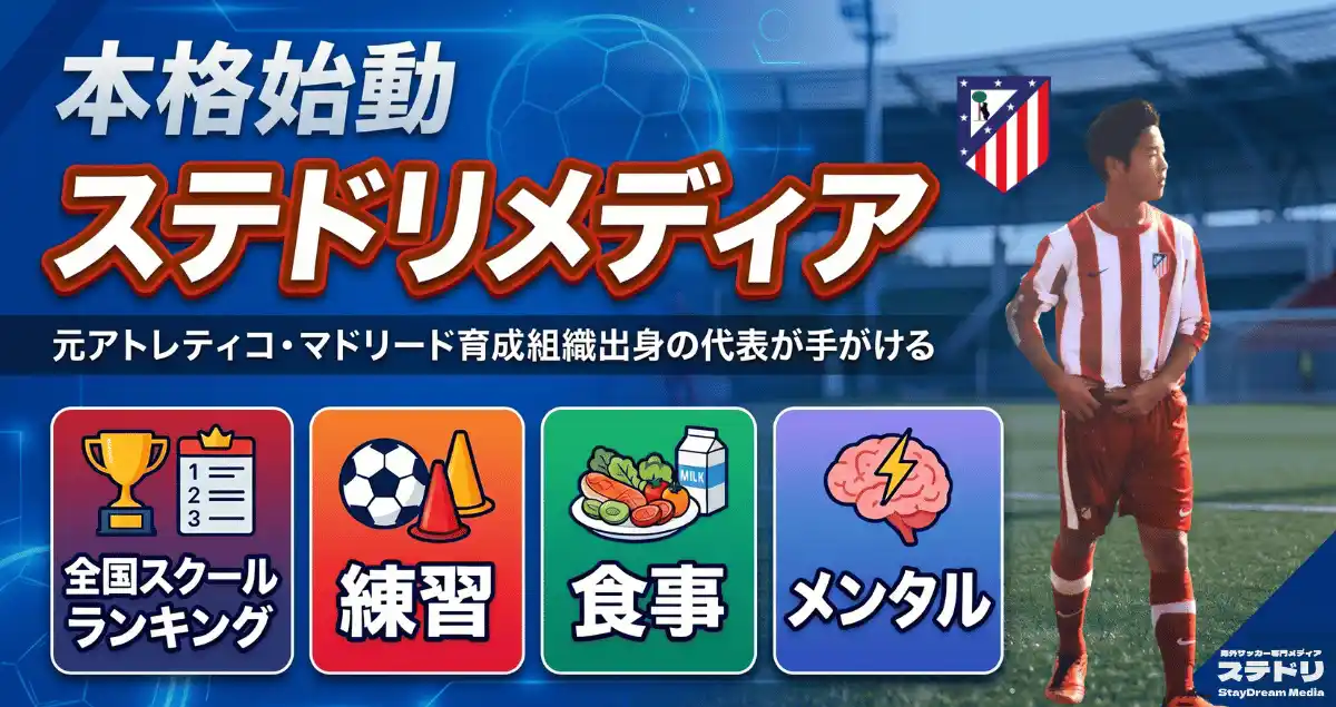 【ステイドリームグループ株式会社】 元アトレティコ・マドリード育成組織出身の代表が手がけるサッカー育成メディア「ステドリメディア」が本格始動──全国スクールランキングから練習・食事・メンタルまで、育成の"すべて"を一つに