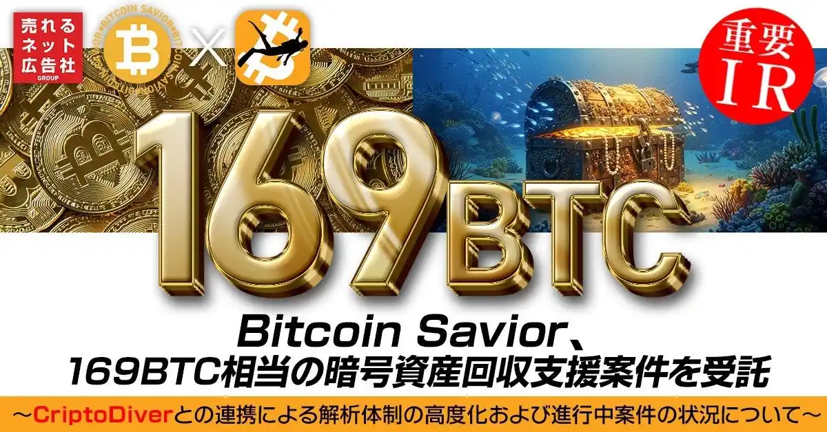 【売れるネット広告社グループ株式会社】 Bitcoin Savior、169BTC相当の暗号資産回収支援案件を受託～CriptoDiverとの連携による解析体制の高度化および進行中案件の状況について～