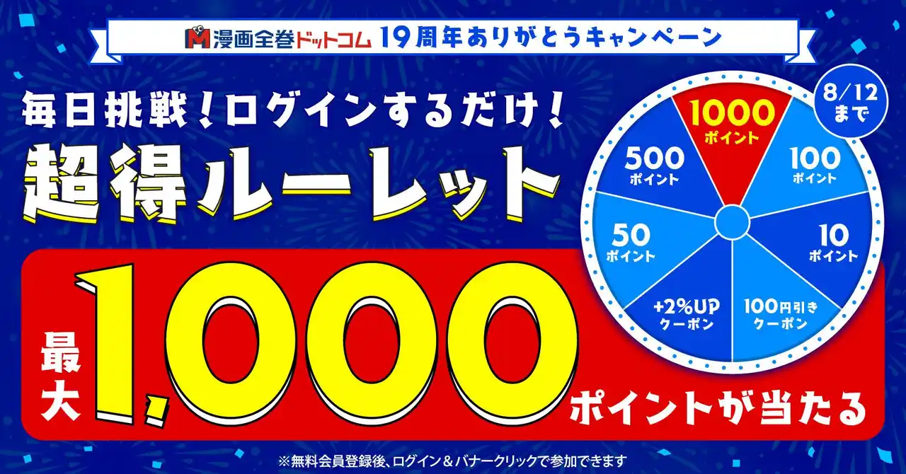 【株式会社TORICO】 【19周年特別感謝祭】毎日挑戦ログインルーレットで最大1000ポイントやクーポンが当たる！＆漫画全巻ドットコムをご利用いただいた会員の皆様へ「還元率＋5％クーポン」プレゼント★