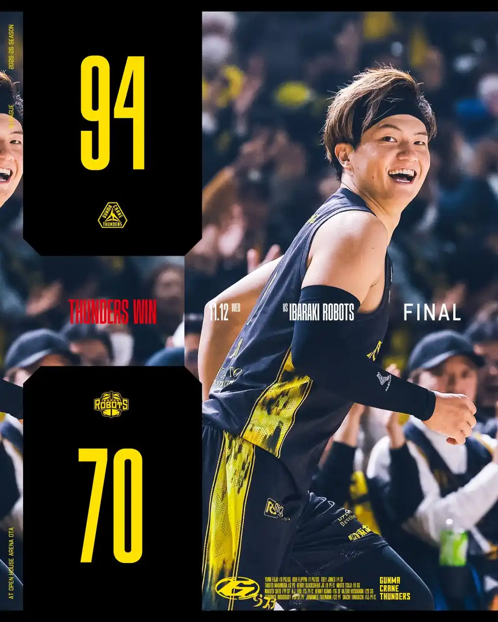 【群馬クレインサンダーズ：試合結果】11/12(水) vs 茨城ロボッツ りそなグループ B.LEAGUE 2025-26シーズン