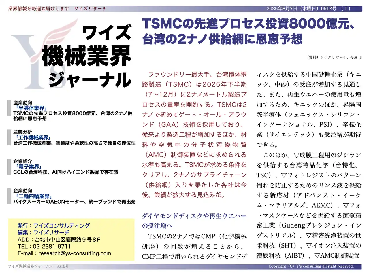 【台湾情報】TSMCの先進プロセス投資8000億元、台湾の2ナノ供給網に恩恵予想＜ワイズ機械業界ジャーナル2025年８月第１週号発行＞
