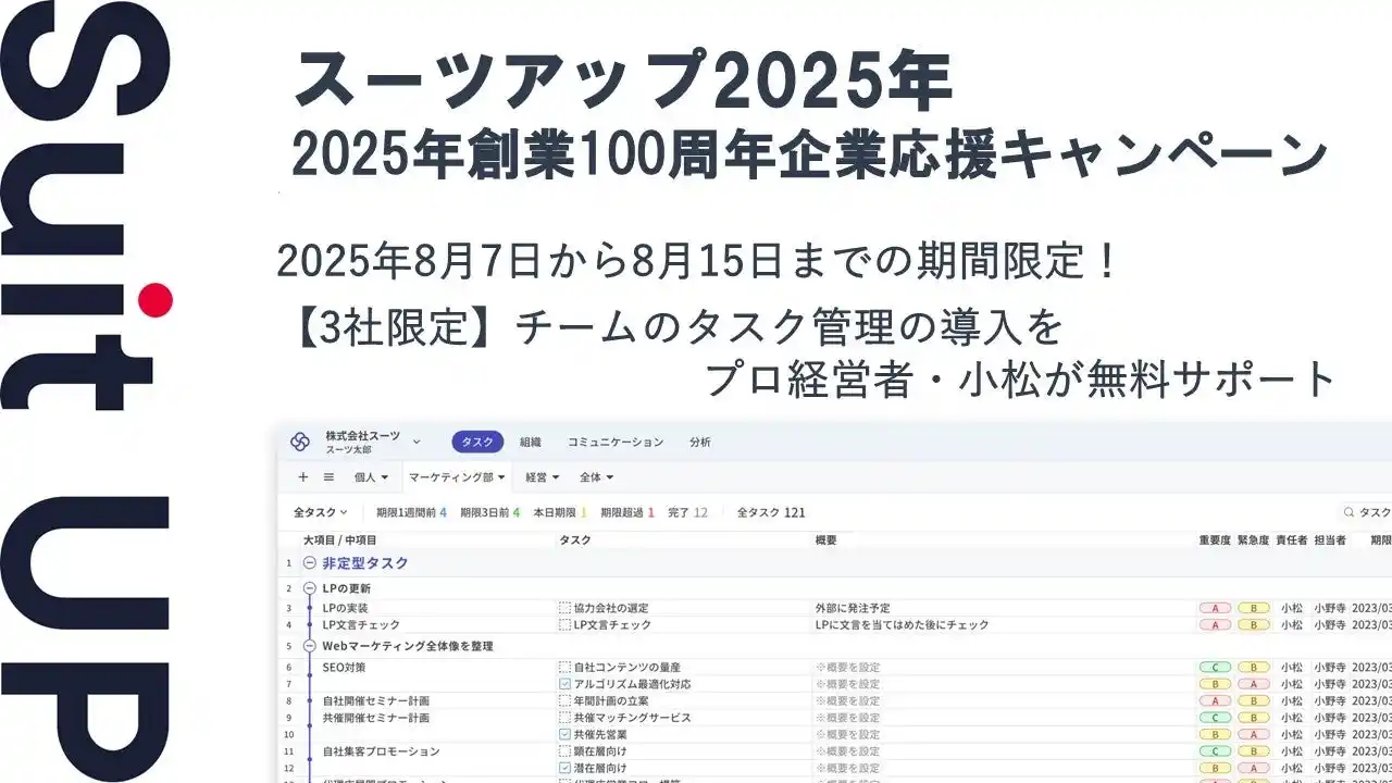 【スーツ】 チームのタスク管理・プロジェクト管理ツール「スーツアップ」、2025年創業100周年企業応援キャンペーン
