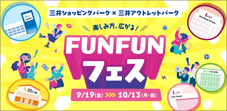 【三井不動産商業マネジメント株式会社】 4つの商業ブランドで初の合同キャンペーン！当社史上最大となる全国70施設での合同開催！「三井ショッピングパーク×三井アウトレットパーク 楽しみ方、広がる！FUNFUNフェス」