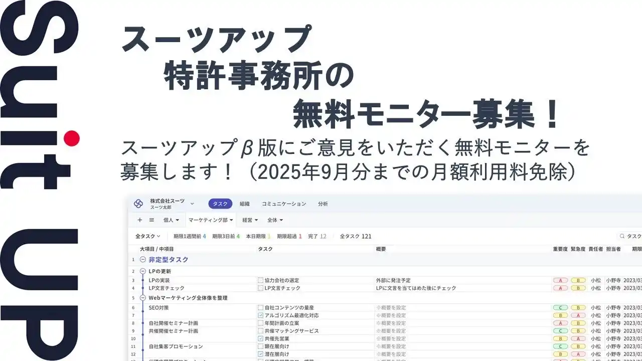 【スーツ】 チームのタスク管理・プロジェクト管理ツール「スーツアップ」、特許事務所の無料モニター募集