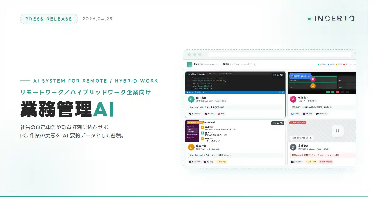 【Incerto合同会社】 リモート／ハイブリッドワークの業務実態をAI要約として残す『業務管理AI』、Incertoが提供開始