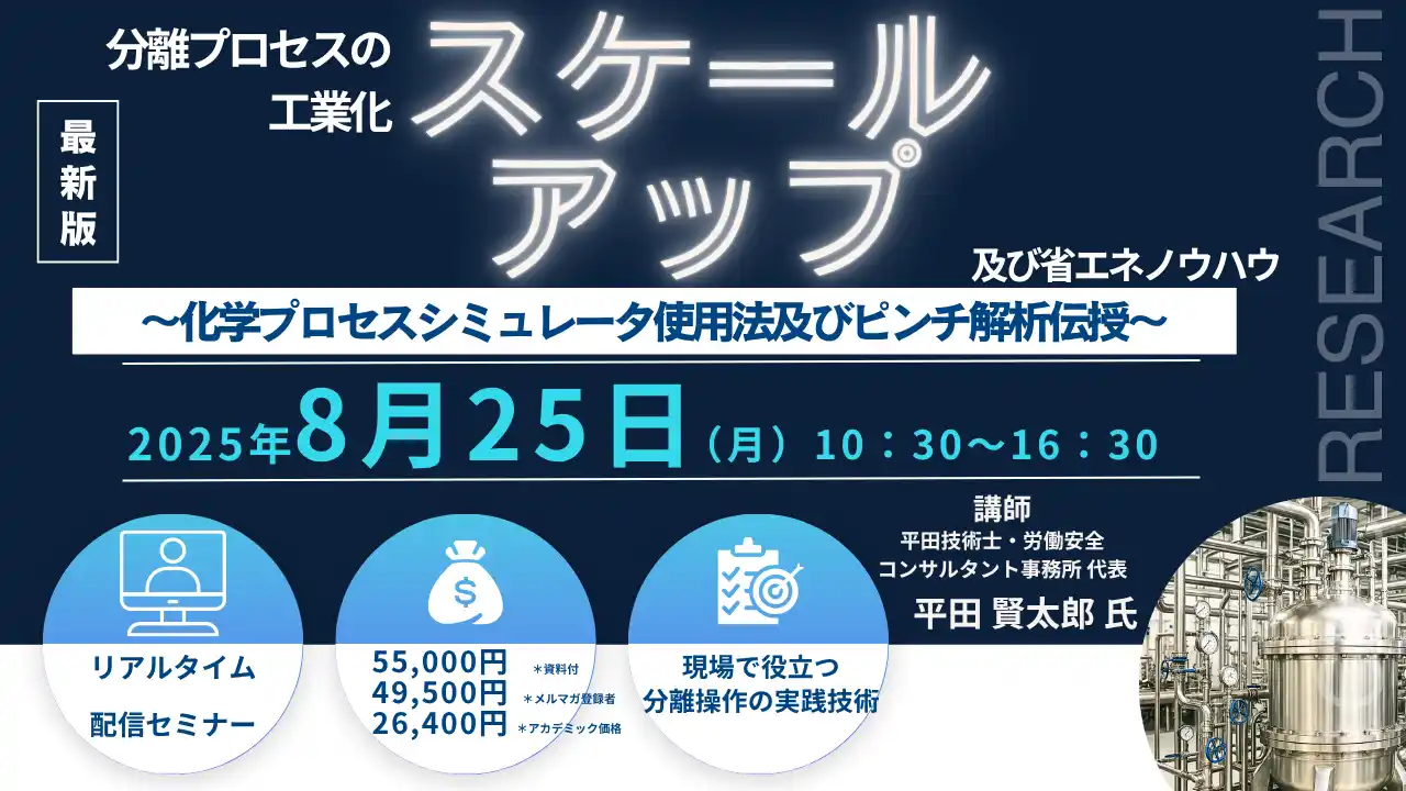 【CMCリサーチ】 【ライブ配信セミナー】分離プロセスの工業化スケールアップ及び省エネノウハウ～ 化学プロセスシミュレータ使用法及びピンチ解析伝授 ～　8月25日（月）開催　主催：(株)シーエムシー・リサーチ