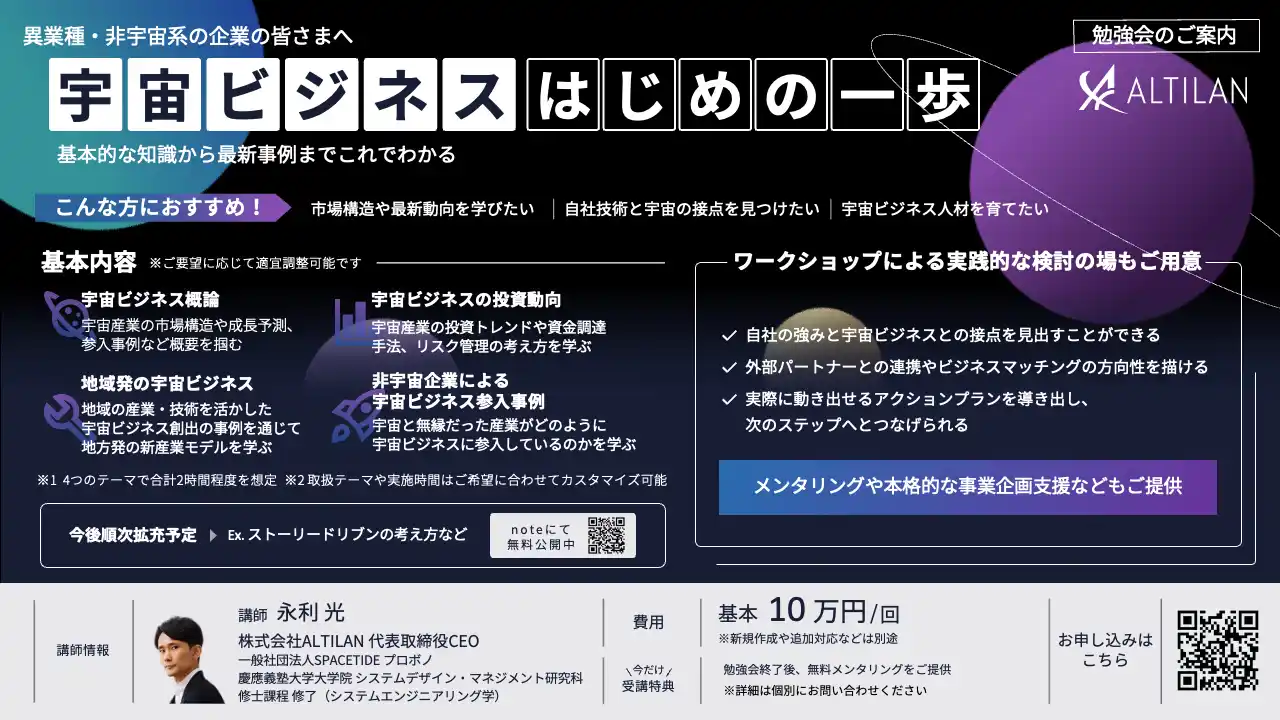 【株式会社ALTILAN】 宇宙時代を描き、文化と宇宙ビジネスを共創するALTILAN、宇宙領域への新規参入に必要な基礎知識を身につけられる勉強会の提供を本格開始