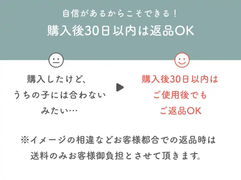 商品お届け日より30日以内はお客様都合でもお承り可能な返品保証