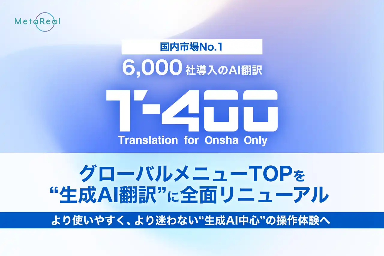 【ロゼッタ】 【高精度AI翻訳『T-4OO』アップデートのお知らせ】グローバルメニューTOPを“生成AI翻訳”に刷新