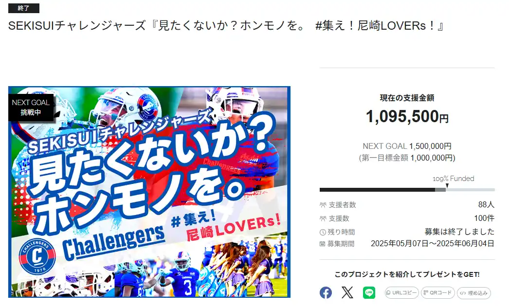 SEKISUIチャレンジャーズ、6月開催の「尼崎ボウル」に向けたクラウドファンディング「見たくないか？ホンモノを。～集え！尼崎LOVERs！～」、目標を達成して終了