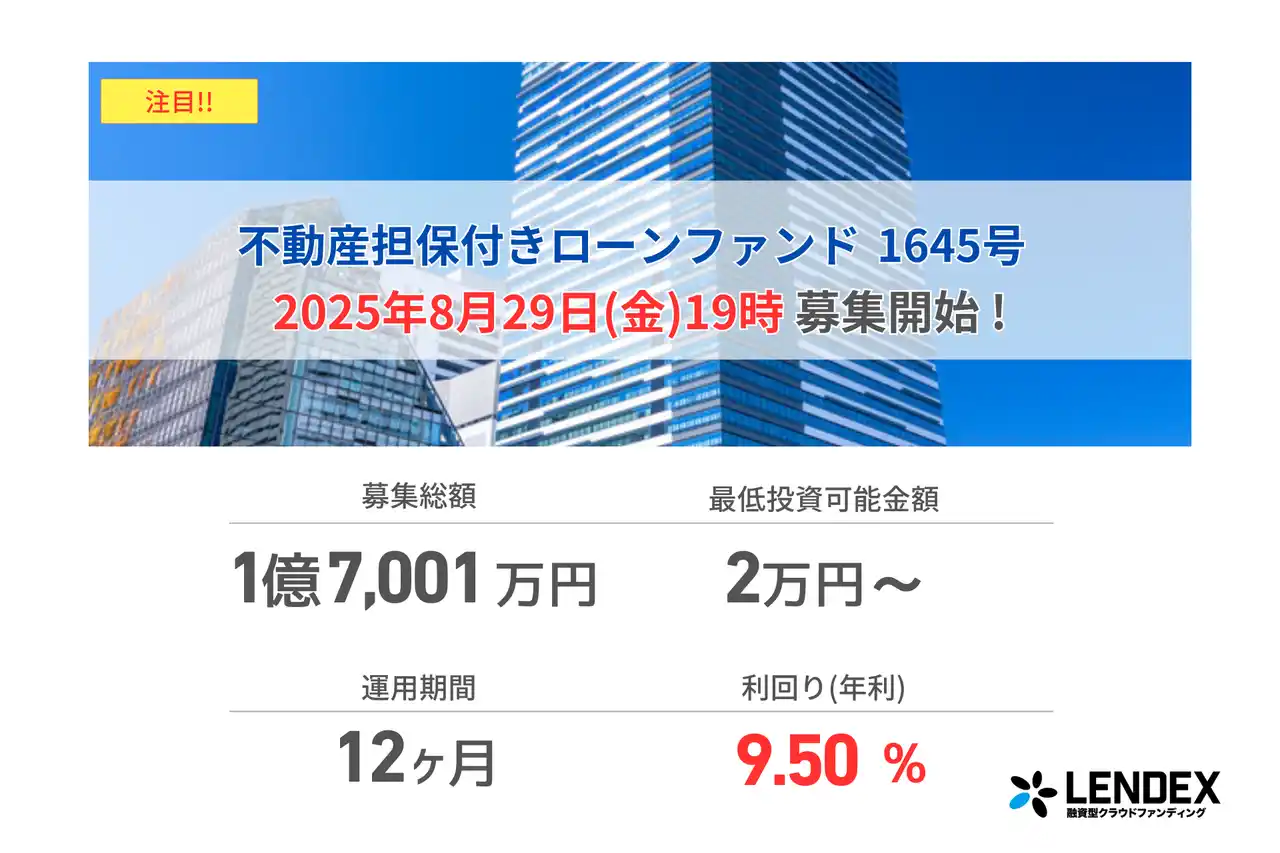 【LENDEX】本日開始、不動産担保付きローンファンド1645号の募集開始のお知らせ