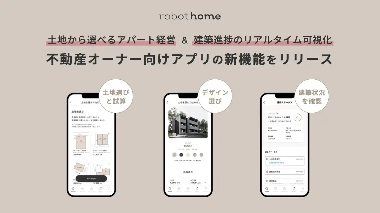 【ロボットホーム 】 AIとITの力で不動産経営を変革！robot homeアプリが「土地から選べるアパート経営」と「建築進捗のリアルタイム可視化」機能をリリース