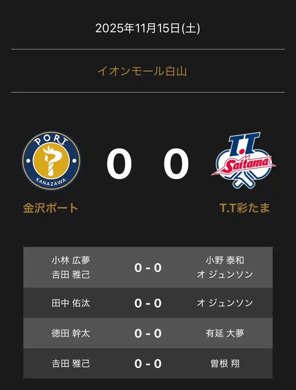 【卓球のＴリーグ】 ノジマTリーグ　2025-2026シーズン　公式戦　11月15日開催　金沢ポート vs T.T彩たま　対戦オーダー発表