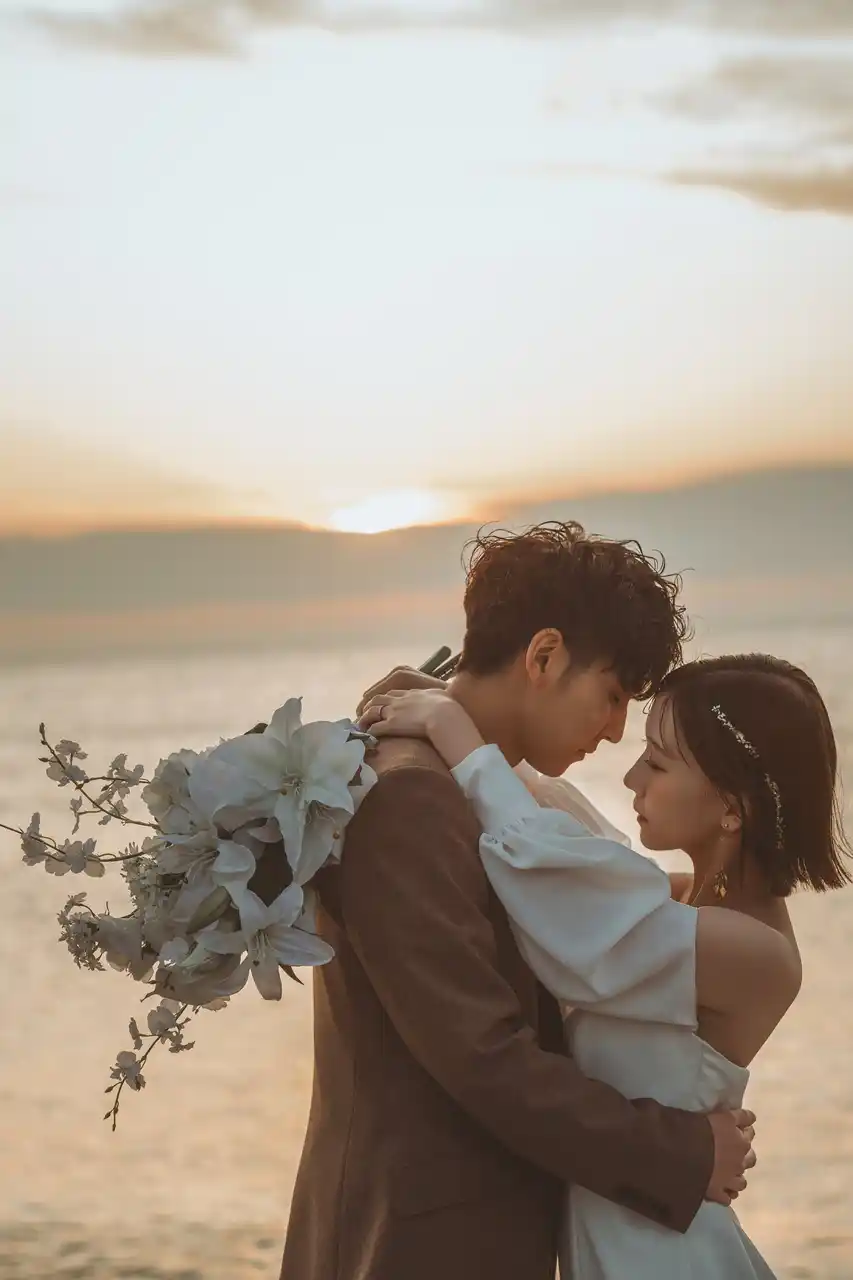【有限会社三景スタジオ】 黄昏に永遠を。夕焼けが彩る、2人だけのラブストーリー。海と空が溶け合うブライダルロケーションフォト