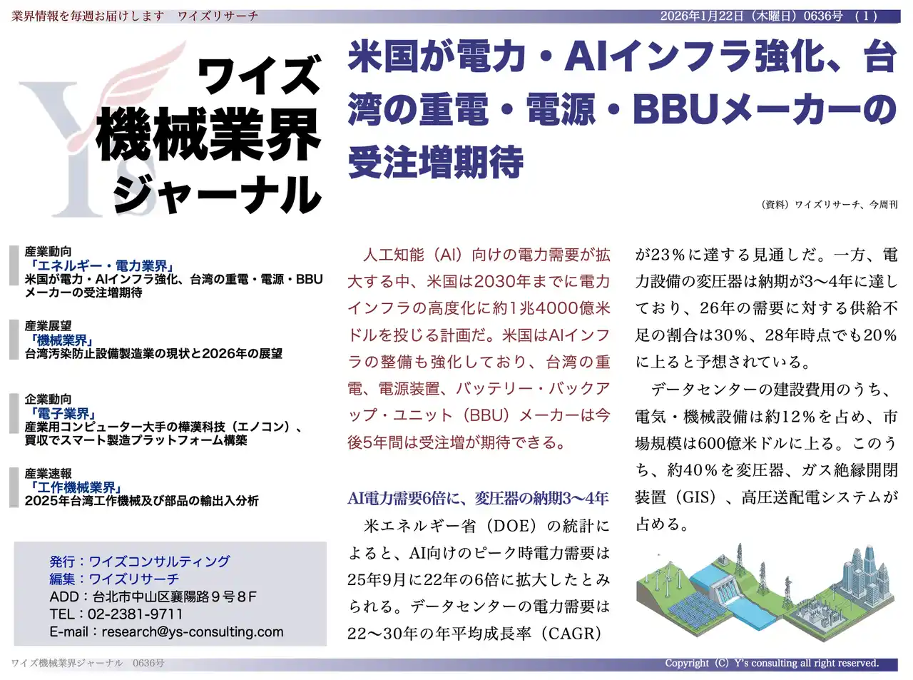【台湾情報】米国電力・AIインフラ投資が加速、台湾重電・BBUメーカーに5年間の受注商機 ＜ワイズ機械業界ジャーナル2026年1月第３週号発行＞