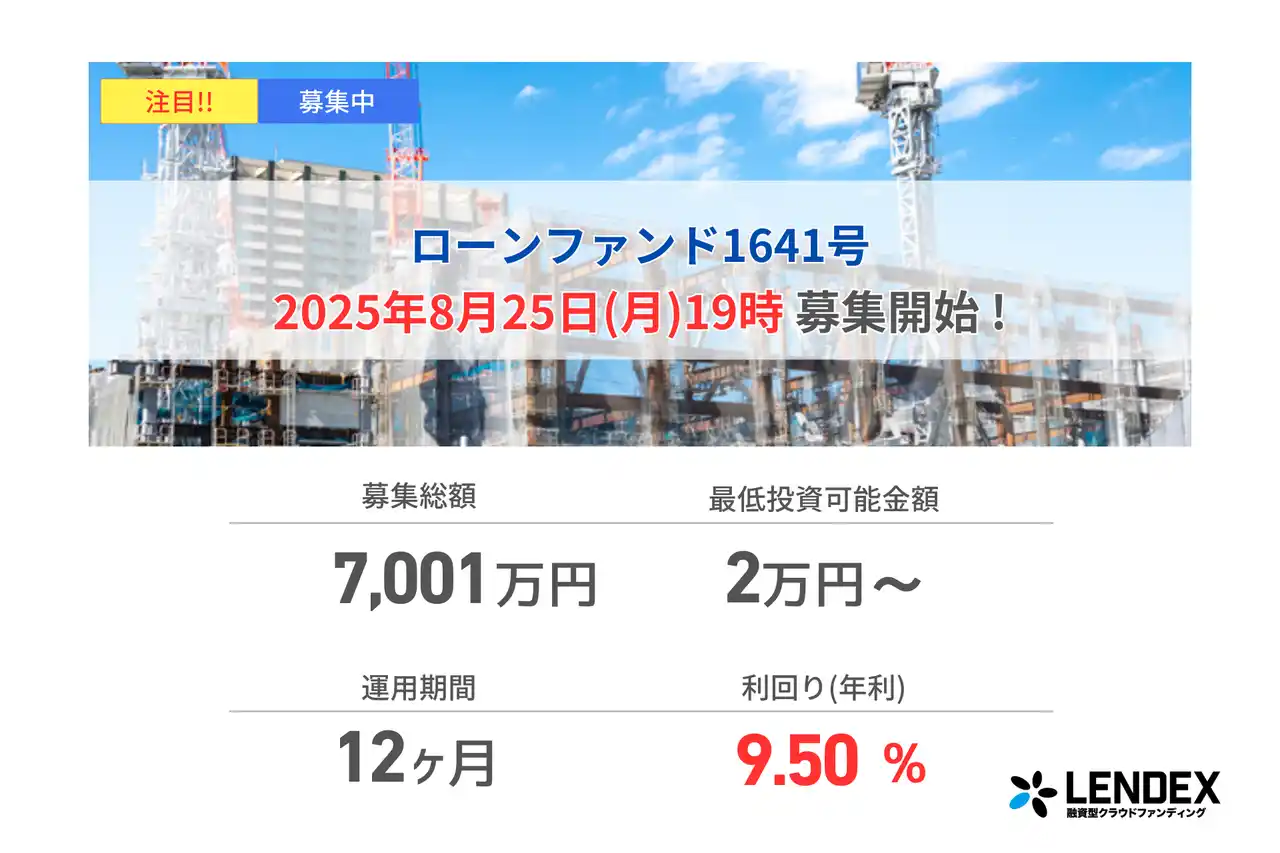 【LENDEX】年利9.5%のローンファンド1641号、募集開始のお知らせ