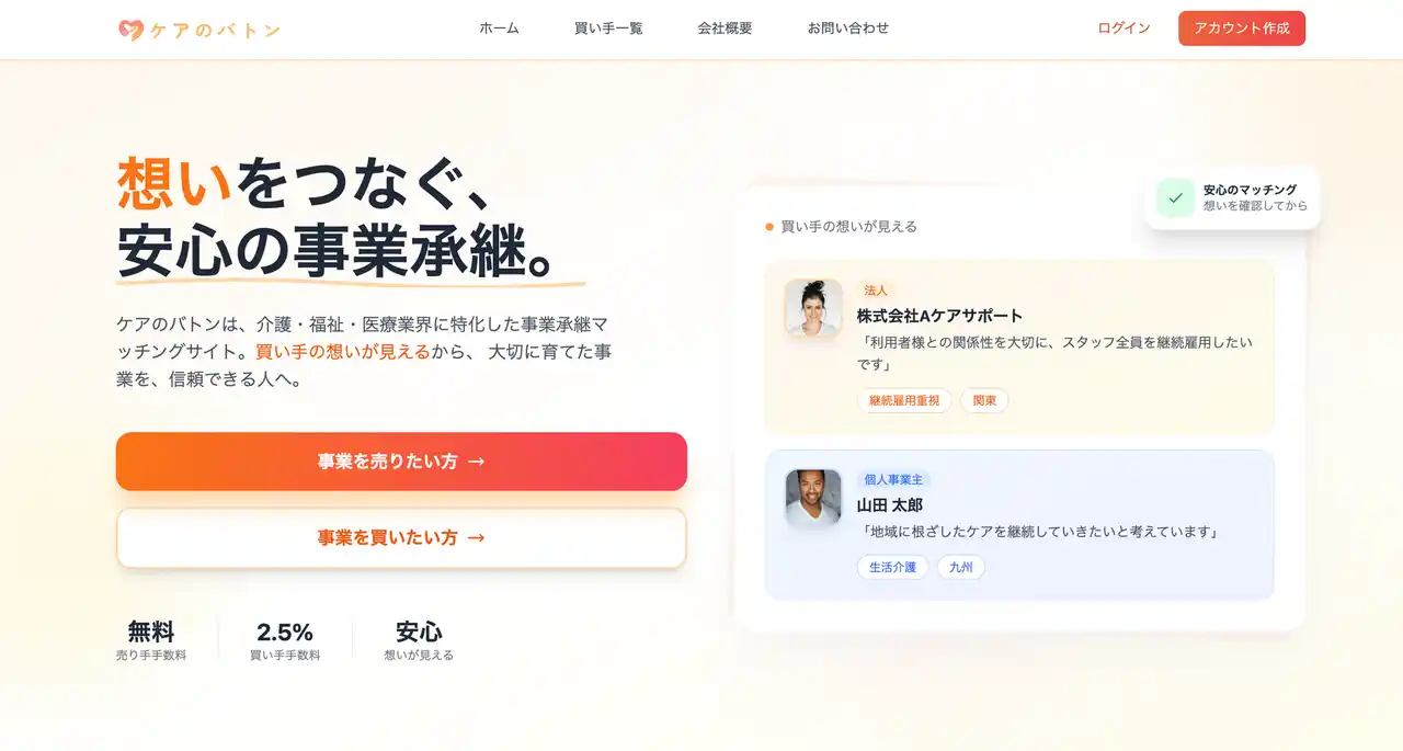 【株式会社ケアのバトン】 介護福祉に特化した事業承継マッチングサイト「ケアのバトン」をリリース！買い手の想いが見える、安心の事業承継を。