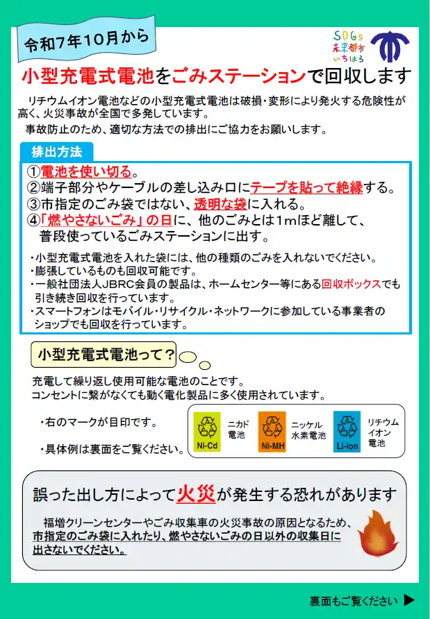【千葉県市原市】2025年10月から小型充電式電池のごみステーションでの回収を開始