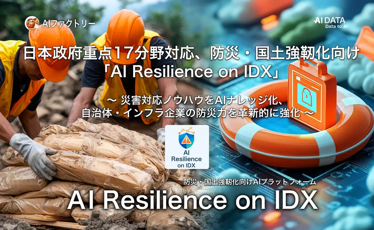 【AIデータ株式会社】 日本政府重点17分野対応、AIファクトリー、防災・国土強靭化向け「AI Resilience on IDX」を展開！　～災害対応ノウハウをAIナレッジ化、自治体・インフラ企業の防災力を革新的に強化～