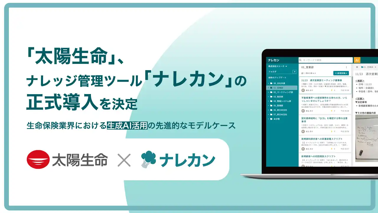 【株式会社Stock】 太陽生命保険株式会社が、生成AI搭載ナレッジ管理ツール『ナレカン』を正式導入