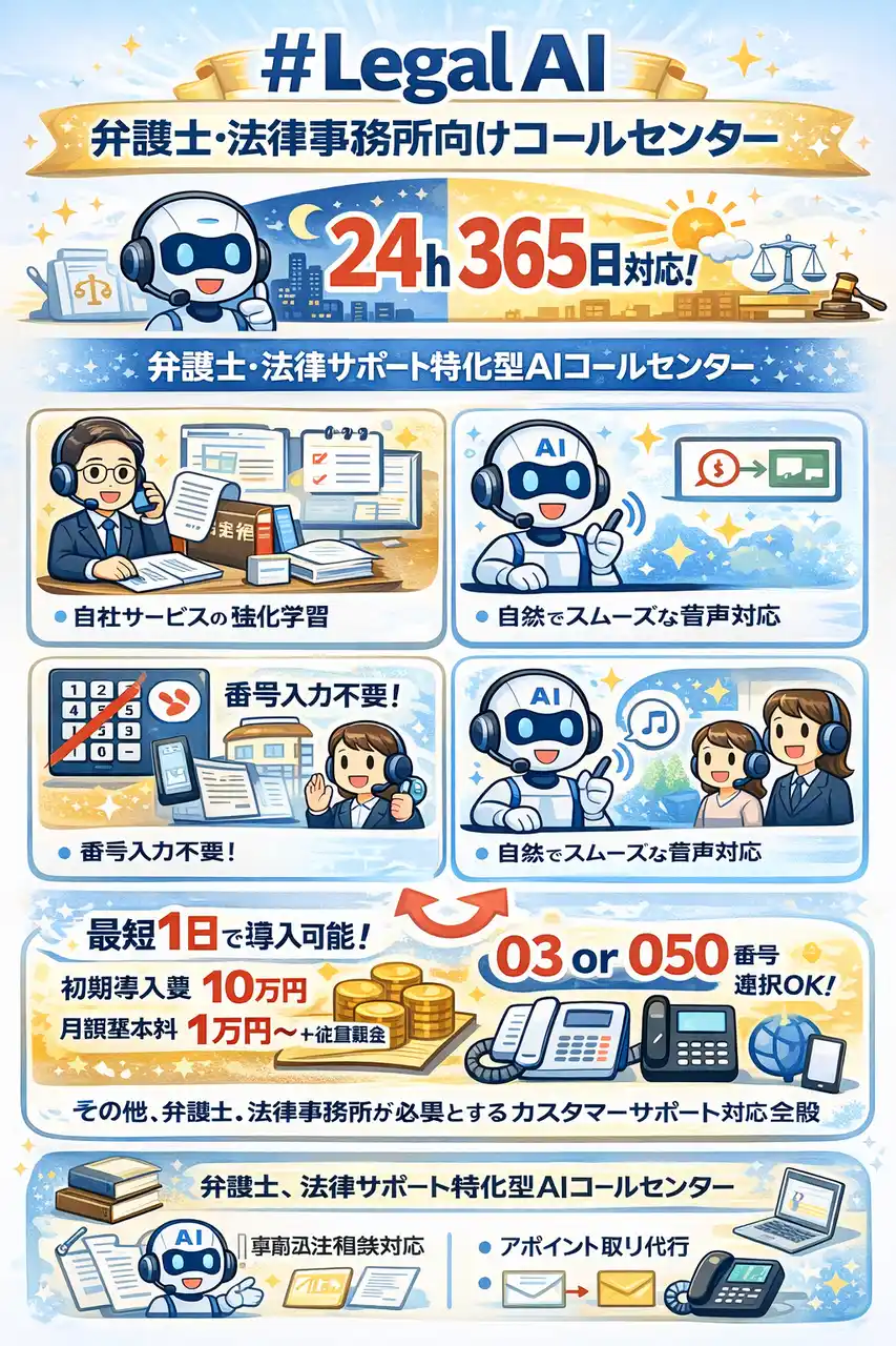 Legal AI - 【弁護士・法律事務所特化型】「AIコールエージェント」誕生。24時間365日、事前相談からアポ調整までAIが完結