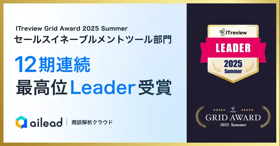 【株式会社ailead】 商談解析クラウド ailead 、「ITreview Grid Award 2025 Summer」でセールスイネーブルメントツール部門最高位の「Leader」を12期連続受賞