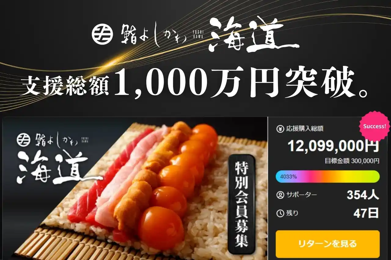 【株式会社そら】 勢いが止まらない！【鮨よしかわ海道】クラウドファンディング開始わずか4日で支援総額1,000万円突破。その魅力とは？