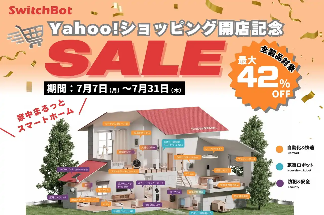 【SWITCHBOT株式会社】 【SwitchBot】Yahoo!ショッピング公式新店舗オープン記念セール開催！あの大人気のサーキュレーター、ハブ2がもっとお買い得に。全製品最大42％OFF！7/31(木）まで