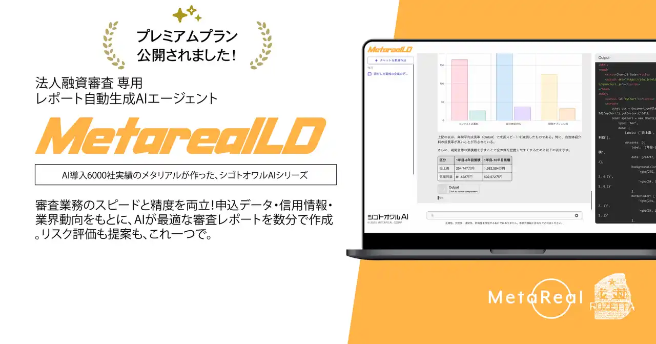 【株式会社メタリアル】 審査の常識を覆す、金融AI革命法人向け貸出審査レポート作成AIエージェント「Metareal レンディング(Metareal LD)」プレミアムプラン8/14提供開始