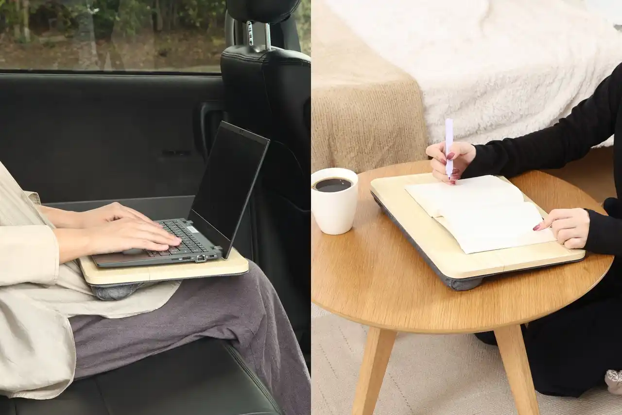【不二貿易株式会社】 累計出荷額1億円突破シリーズの最新作！「どこでも使える膝上テーブル」登場。車内でのランチや、机のない場所での会議もサッと快適に。