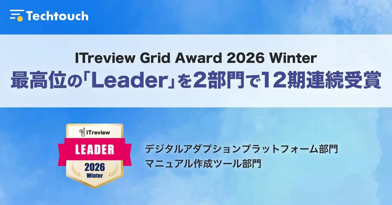 【テックタッチ株式会社】 テックタッチ、「ITreview Grid Award 2026 Winter」最高位の「Leader」を3部門で受賞、うち2部門で12期連続の最高評価