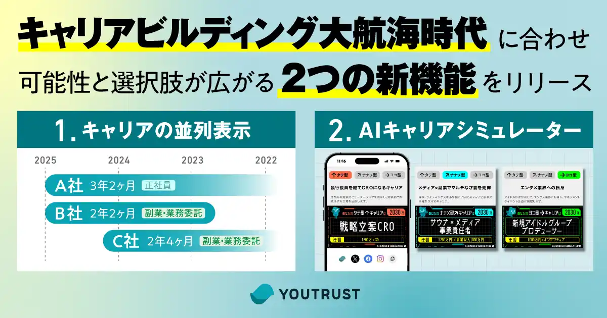 【株式会社YOUTRUST】 自らキャリアの舵を取る“キャリアビルディング大航海時代”を伴航──YOUTRUST、2つの新機能「キャリアの並列表示」と「AIキャリアシミュレーター」を正式リリース