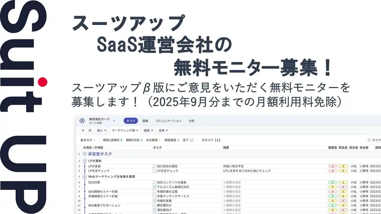 【スーツ】 チームのタスク管理・プロジェクト管理ツール「スーツアップ」、SaaS運営会社の無料モニター募集