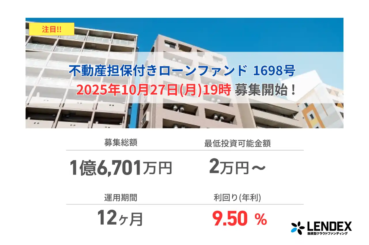 【LENDEX】本日開始、不動産担保付きローンファンド1698号の募集開始のお知らせ