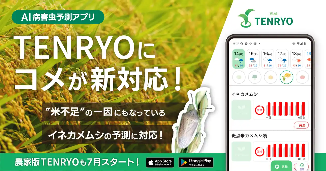深刻化するイネカメムシ被害を受け、防除DXアプリ「TENRYO」が「コメ」のAI病害虫予測に新対応