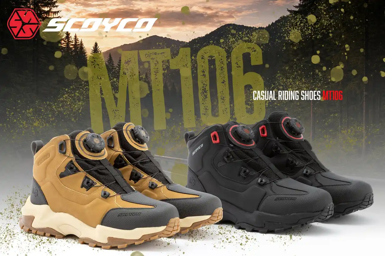 「新製品バイクシューズ」アウトドア、ライディング、普段履きにおすすめな、ブロックソールタイプの防水ライディングシューズ SCOYCO MT106が発売開始