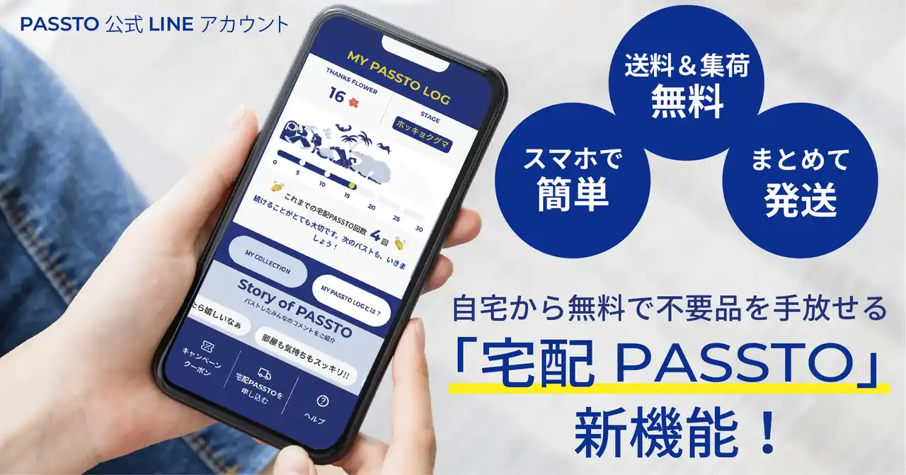 自宅から無料で不要なものを手放せる「宅配PASSTO（パスト）」、循環アクションを可視化するリワード機能と、回収内容に応じてお得なクーポンがもらえるキャンペーン機能を追加