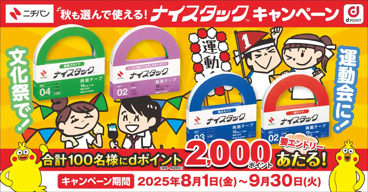 【ニチバン株式会社】 dポイント2,000ポイントが100名様に当たる！　「秋も選んで使える！ナイスタック(TM)キャンペーン」