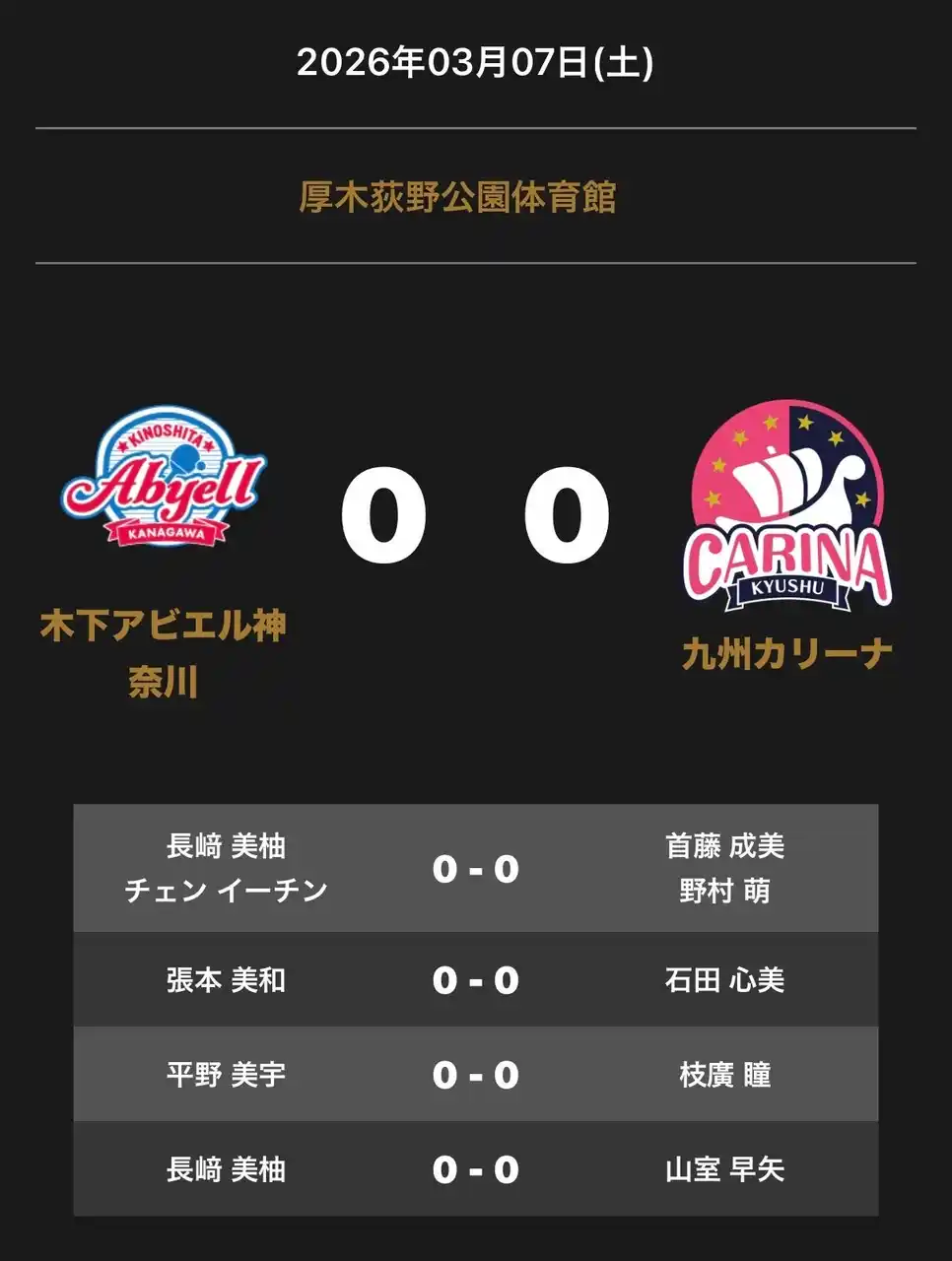 【卓球のＴリーグ】 ノジマＴリーグ 2025-2026シーズン 公式戦 3月7日(土)開催 木下アビエル神奈川 vs 九州カリーナ 対戦オーダー発表