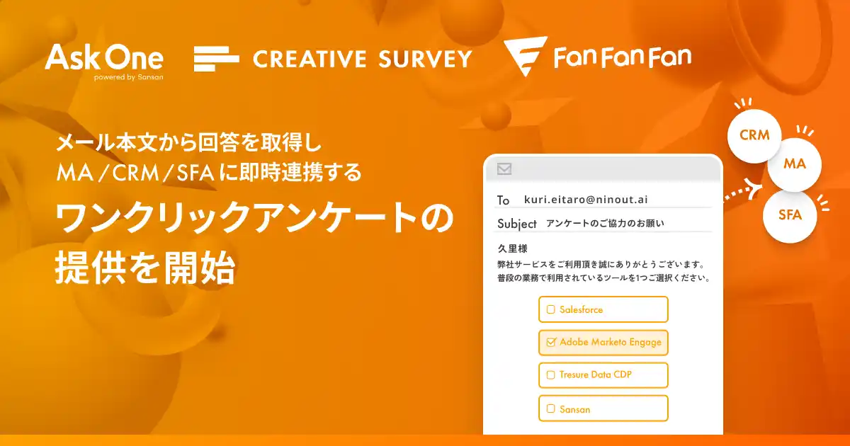 メール本文から取得した回答を外部サービスに即時連携する「ワンクリックアンケート」、Ask One / CREATIVE SURVEY / Fan Fan Fan で提供開始。
