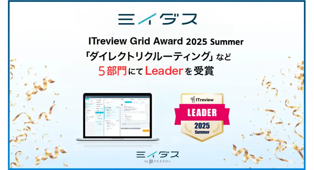 中途採用サービス『ミイダス』、「ITreview Grid Award 2025 Summer」にて5部門で最高位「Leader」を受賞