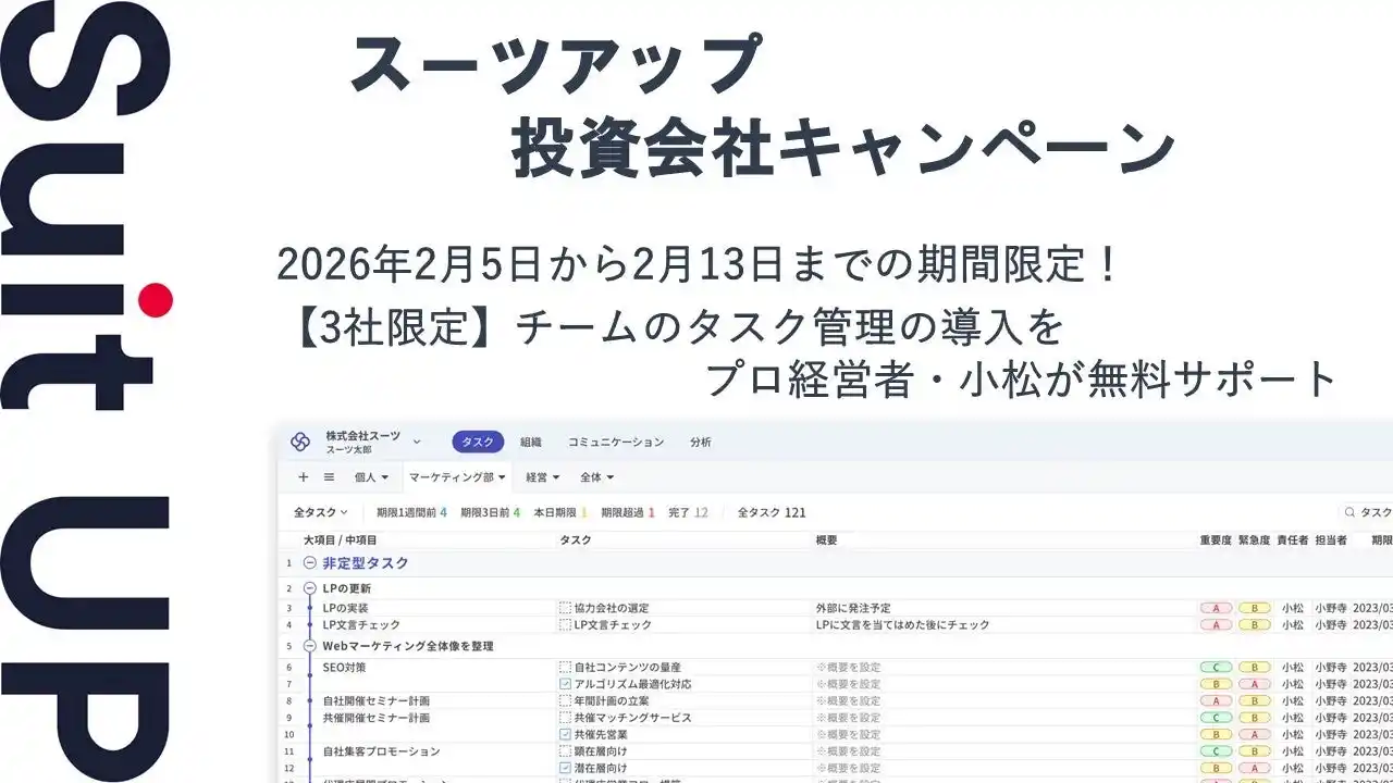 【スーツ】 AIタスク管理・プロジェクト管理ツール「スーツアップ」、投資会社応援キャンペーン