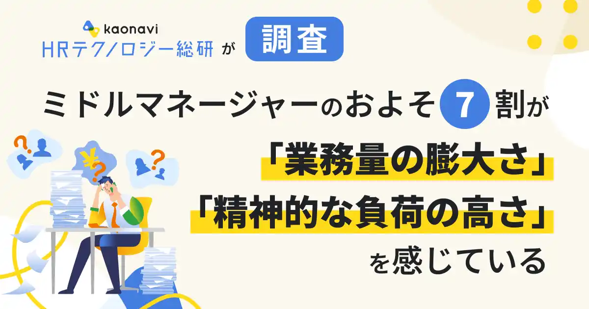 【株式会社カオナビ】 ミドルマネージャーのおよそ7割が「業務量の膨大さ」「精神的な負荷の高さ」を感じている