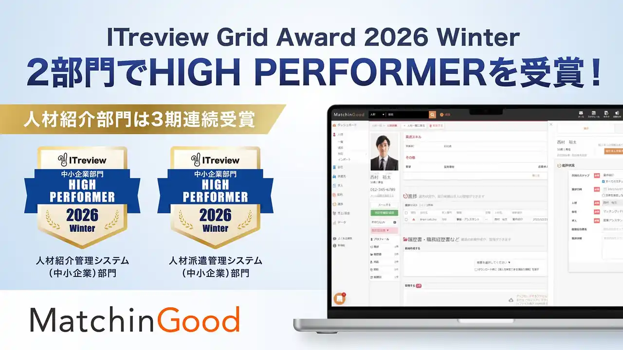 【株式会社じげん】 ブレイン・ラボが提供する「MatchinGood」が「ITreview Grid Award 2026 Winter」の2部門で受賞。