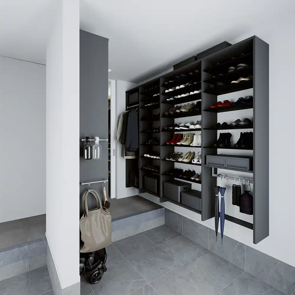 【南海プライウッド株式会社】 シューズクローク収納「ウォールゼット エノーク2」にトレンドカラーのグレー色を新たにラインナップ