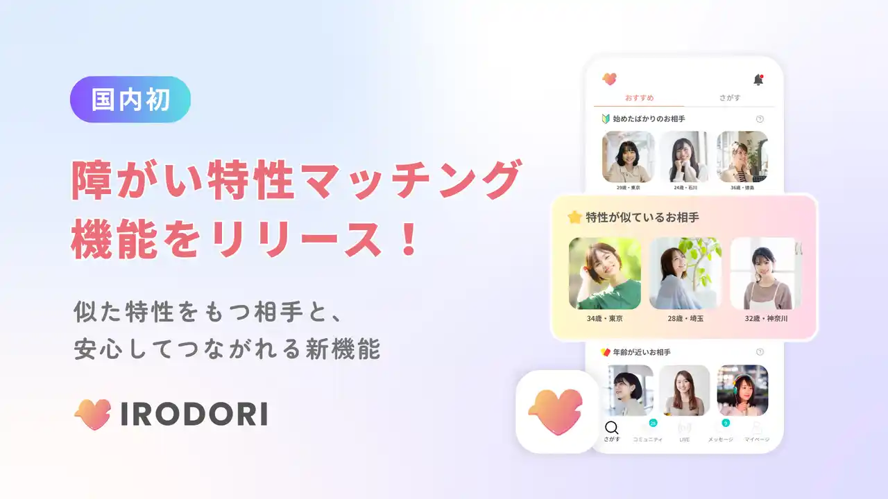 【株式会社Comet】 障がい者向けマッチングアプリ「IRODORI」、 国内初の「障がい特性マッチング」機能をリリース