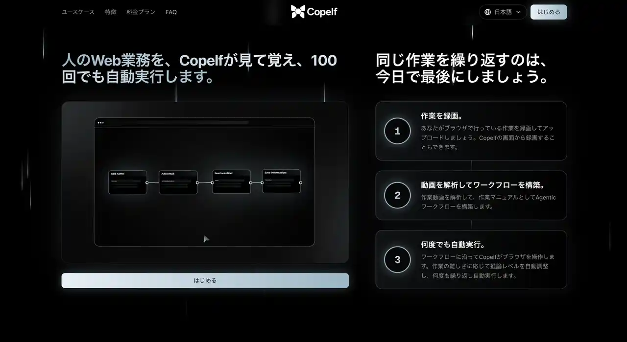 【コーレ】 「人のWeb業務を、AIが見て覚え、100回でも自動実行する。」Copelf（コペルフ）をリリース