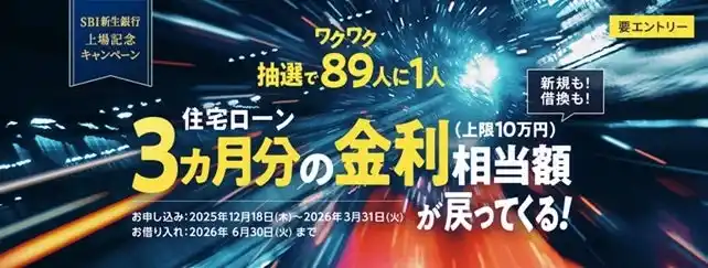 【株式会社SBI新生銀行】 SBI新生銀行上場記念　住宅ローンでワクワク＜8989＞キャンペーン始動