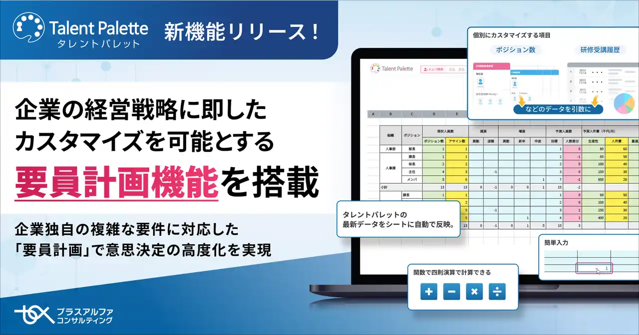 【株式会社プラスアルファ・コンサルティング】 タレントパレット、企業の経営戦略に即したカスタマイズを可能とする要員計画機能を搭載